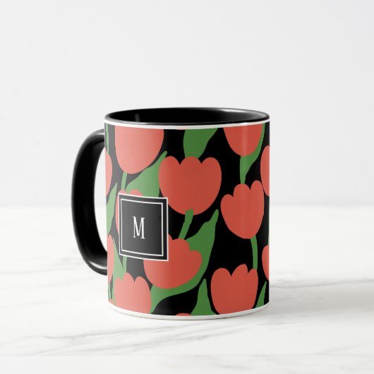 Retro-Tulpen, personalisierte Monogramm-Tasse Tasse (Vorderseite Links)