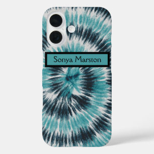 Retro Türkis Blau und Schwarz Tie Dye Spirale iPhone 16 Hülle