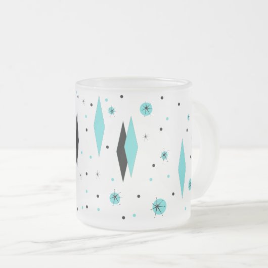 Retro Türkis-Diamanten u. Sternexplosion-mattierte Mattglastasse (VorderseiteRechts)