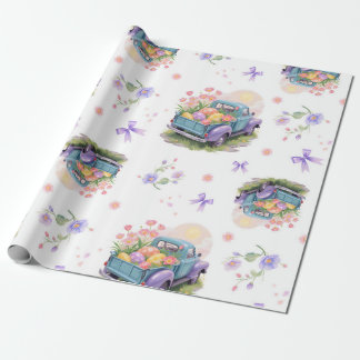 Retro Türkis- & Lila-Lieferwagen mit Ostereiern Geschenkpapier