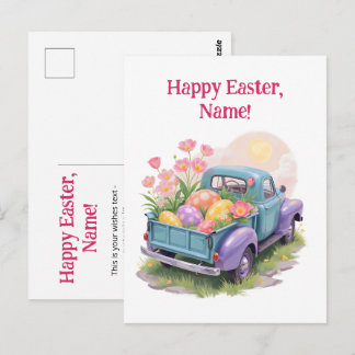Retro Türkis- & Lila-Lieferwagen mit Ostereiern Postkarte