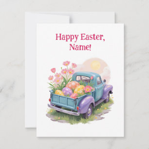 Retro Türkis- & Lila-Lieferwagen mit Ostereiern RSVP Karte