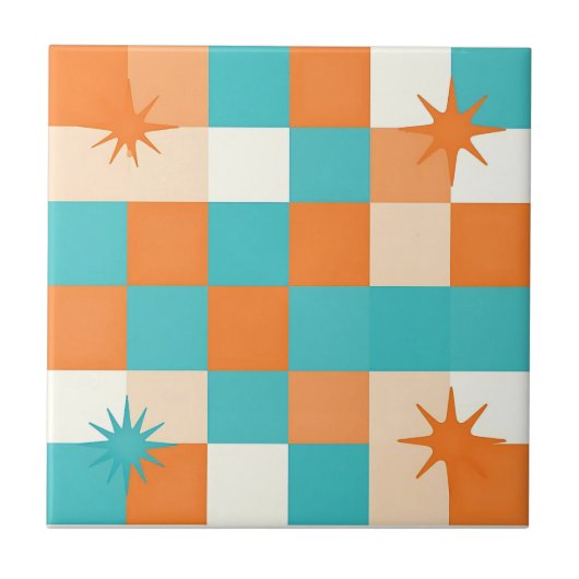 Retro Türkis Orange Sternenexplosion Schachbrett Fliese (Vorderseite)