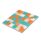 Retro Türkis Orange Sternenexplosion Schachbrett Fliese (Seite)