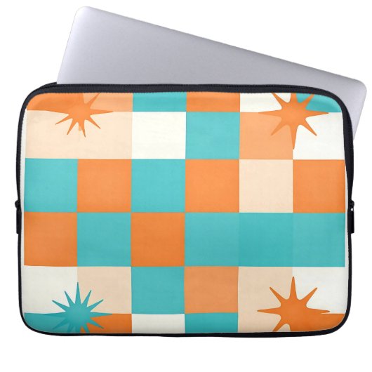 Retro Türkis Orange Sternenexplosion Schachbrett Laptopschutzhülle (Vorderseite)