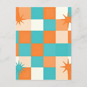 Retro Türkis Orange Sternenexplosion Schachbrett Postkarte