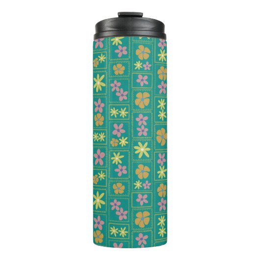 Retro Türkis Patchwork Blumenmuster Thermosbecher (Vorderseite)