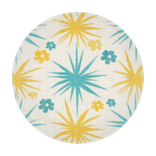 Retro Türkis-Senf-Blumen-Burst Schneidebrett