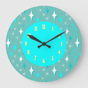 Retro Türkis Weiße Sterne Gelbe Zahlen Große Wanduhr