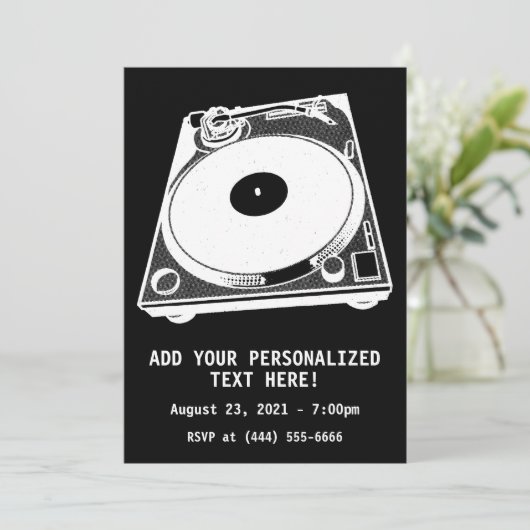 Retro-Turntable Graphic in White Einladung (Stehend Vorderseite)