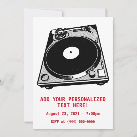 Retro-Turntable Schwarz grafisch Einladung (Vorderseite)