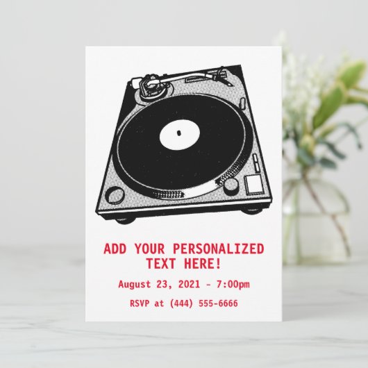 Retro-Turntable Schwarz grafisch Einladung (Stehend Vorderseite)