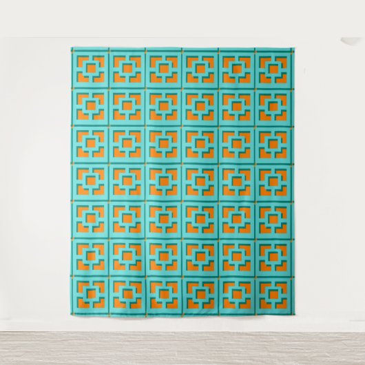 Retro Turquoise and Orange Trellis Tapestry Wandteppich (Vorderseite)