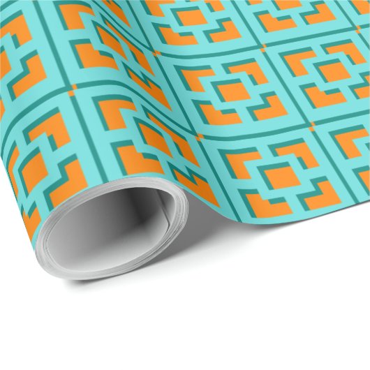 Retro Turquoise and Orange Trellis Wrapping Paper Geschenkpapier (Rolleneckpunkt)