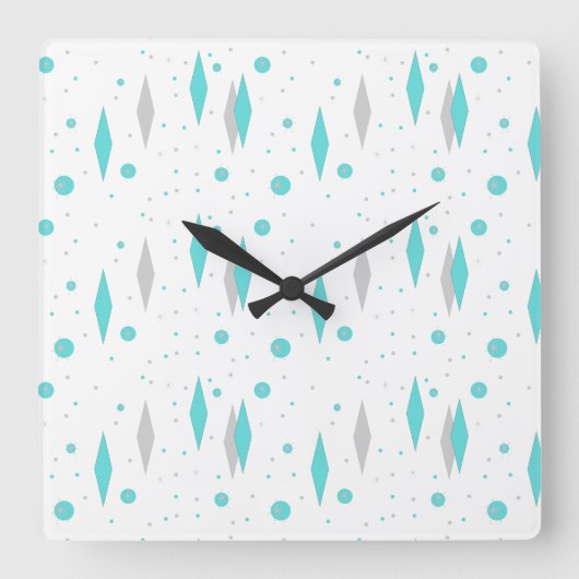 Retro Turquoise Diamond & Starburst Wall Clock Quadratische Wanduhr (Vorderseite)