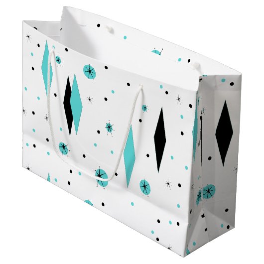 Retro Turquoise Diamonds & Sternexplosionen Gesche Große Geschenktüte (Vorderseite Schrägansicht)