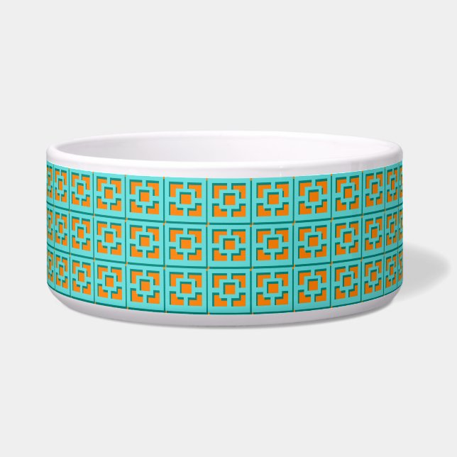 Retro Turquoise & Orange Trellis Keramik Pet Bowl Napf (Vorderseite)