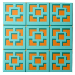 Retro Turquoise und Orange Trellis Keramik Tile Fliese