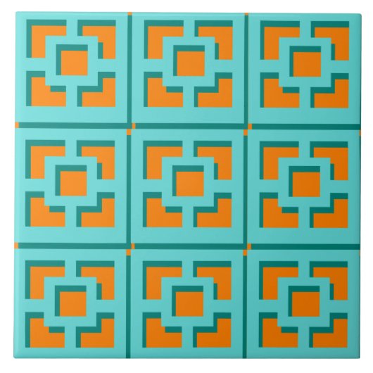 Retro Turquoise und Orange Trellis Keramik Tile Fliese (Vorderseite)