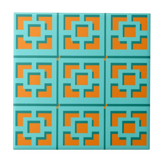 Retro Turquoise und Orange Trellis Keramik Tile Fliese (Vorderseite)