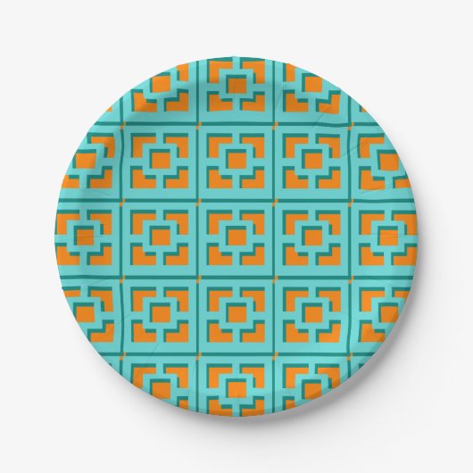 Retro Turquoise und Orange Trellis Papierplatte Pappteller (Vorderseite)