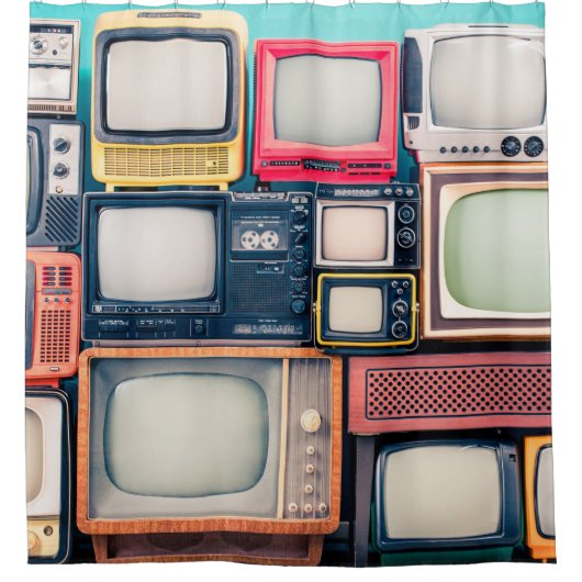 Retro-TV-Empfänger Set aus zirka 60er, 70er und 80 Duschvorhang (Vorderseite)