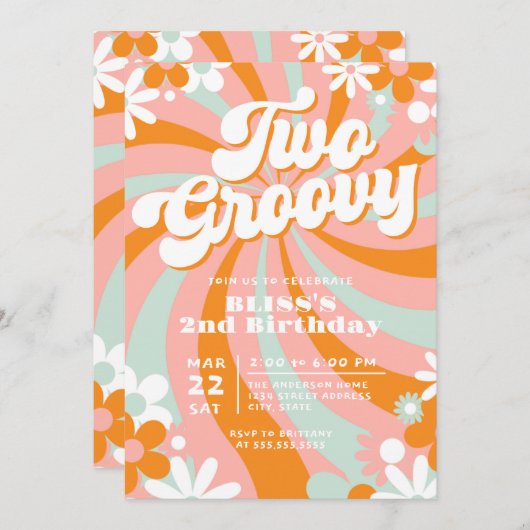 Retro Two Groovy 2. Geburtstag Einladung (Vorne/Hinten)