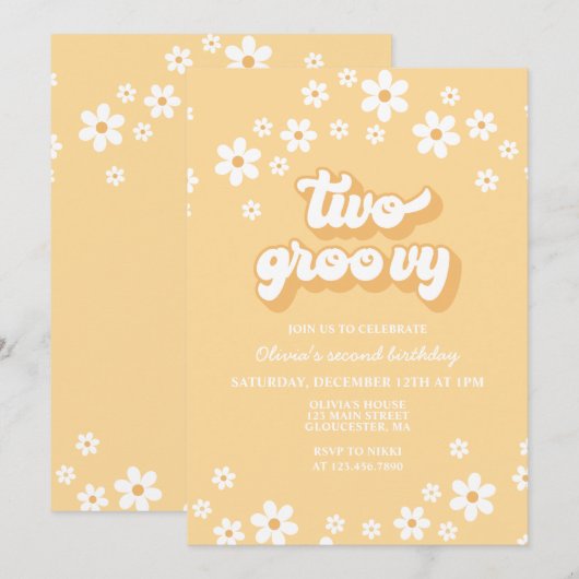 Retro Two Groovy daisy boho florale 2. Geburtstag Einladung (Vorne/Hinten)