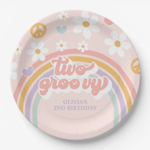 Retro Two Groovy Girl Rainbow 2. Geburtstag Pappteller