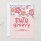 Retro Two Groovy Pink Floral Einladung (Vorderseite)