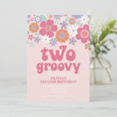 Retro Two Groovy Pink Floral Einladung (Stehend Vorderseite)