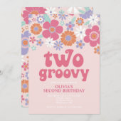 Retro Two Groovy Pink Floral Einladung (Vorne/Hinten)