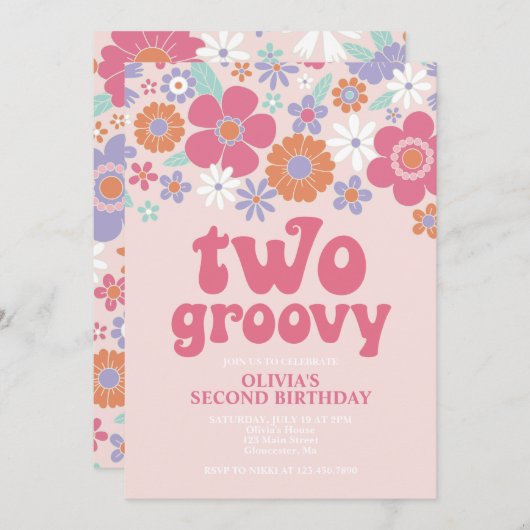 Retro Two Groovy Pink Floral Einladung (Vorne/Hinten)