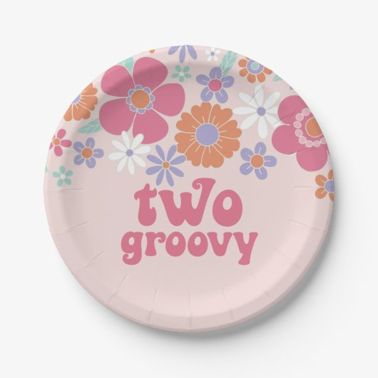 Retro Two Groovy Pink Floral Pappteller (Vorderseite)