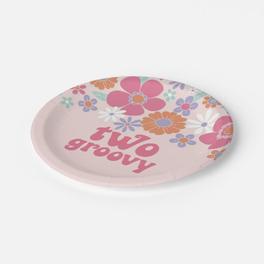 Retro Two Groovy Pink Floral Pappteller (Schrägansicht)