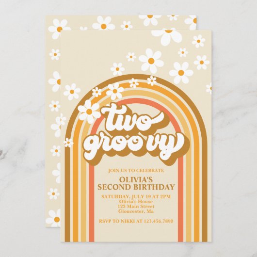 Retro Two GroovY Rainbow Brown Orange Birthday Einladung (Vorne/Hinten)