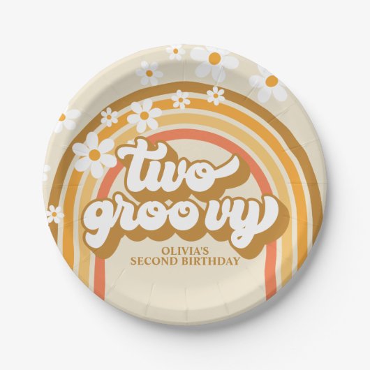 Retro Two GroovY Regenbogen Braun Orange Geburtsta Pappteller (Vorderseite)