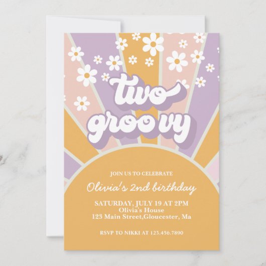 Retro Two Groovy Sunshine daisine lila Einladung (Vorderseite)