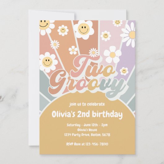 Retro Two Groovy Sunshine Daisy Boho Einladung (Vorderseite)