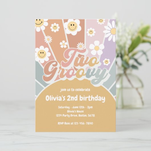 Retro Two Groovy Sunshine Daisy Boho Einladung (Stehend Vorderseite)