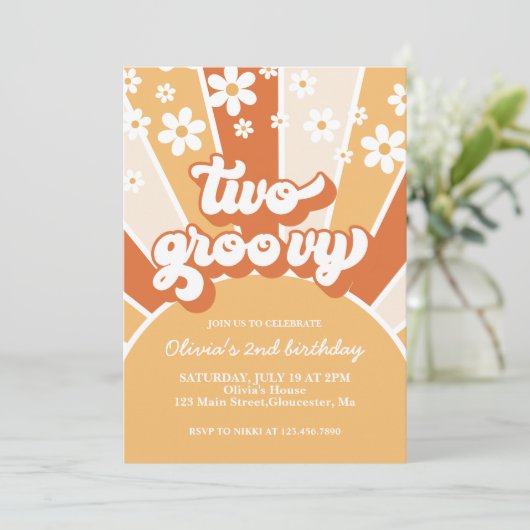 Retro Two Groovy Sunshine daisy boho floral Invita Einladung (Stehend Vorderseite)