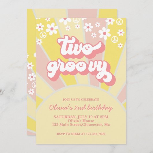 Retro Two Groovy Sunshine daisy boho floral Invita Einladung (Vorne/Hinten)