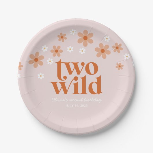 Retro Two Wild Gänseblümchen Boho Zweiter Geburtst Pappteller (Vorderseite)