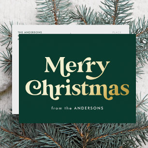 Retro Typ Frohe Weihnachten Grün und Gold Folien Feiertagspostkarte
