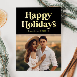 Retro Type Happy Holidays Foto Black and Gold Folien Feiertagskarte