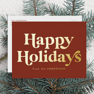 Retro Type Happy Holidays Non Foto Brown and Gold Folien Feiertagspostkarte
