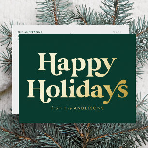 Retro Type Happy Holidays Non-Foto Green und Gold Folien Feiertagspostkarte