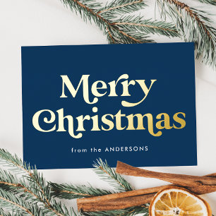 Retro Type Merry Christmas Navy and Gold Folien Feiertagskarte