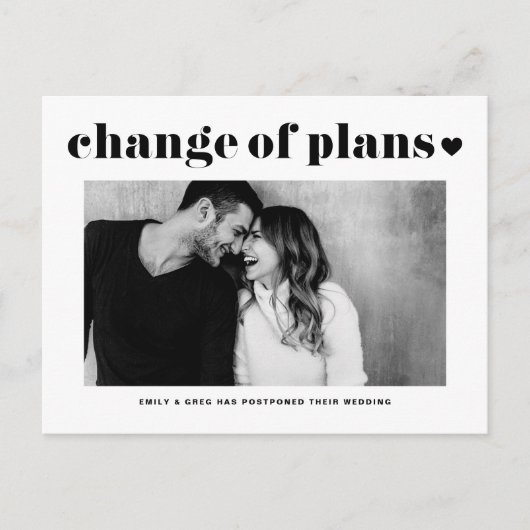 Retro Typografie Änderung der Pläne Foto Hochzeit Ankündigungspostkarte (Vorderseite)
