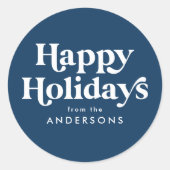 Retro Typografie Blue Happy Holidays Runder Aufkleber (Vorderseite)